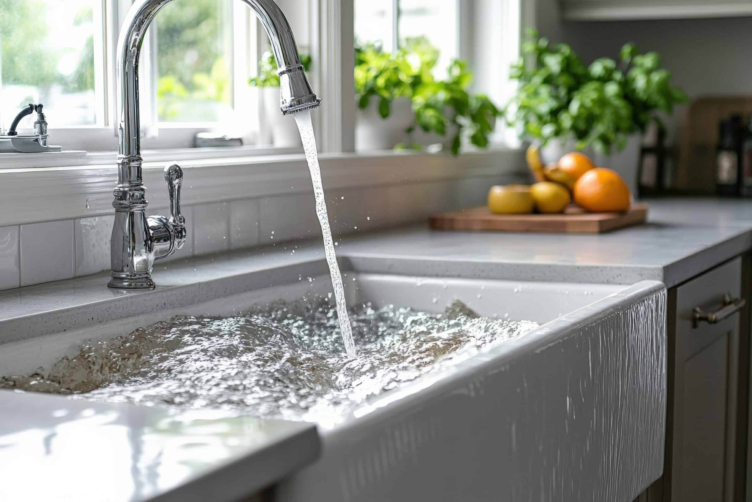 Water spills from a kitchen sink with a clogged drain creating a mess in a well-lit area. Fresh fruits are present on the countertop enhancing the domestic atmosphere.